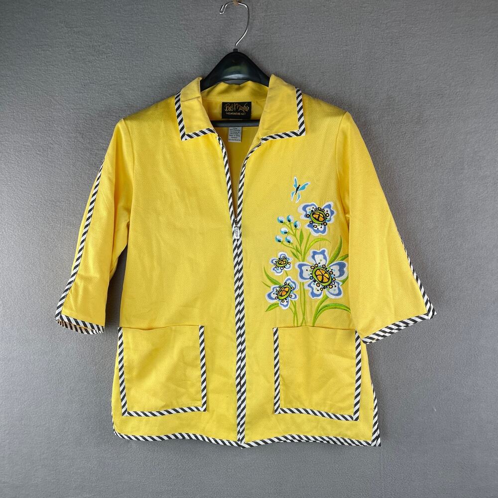 Bob Mackie Wearable Art Yellow Floral 3/4 Sleeve Zip Jacket Women's Size Small